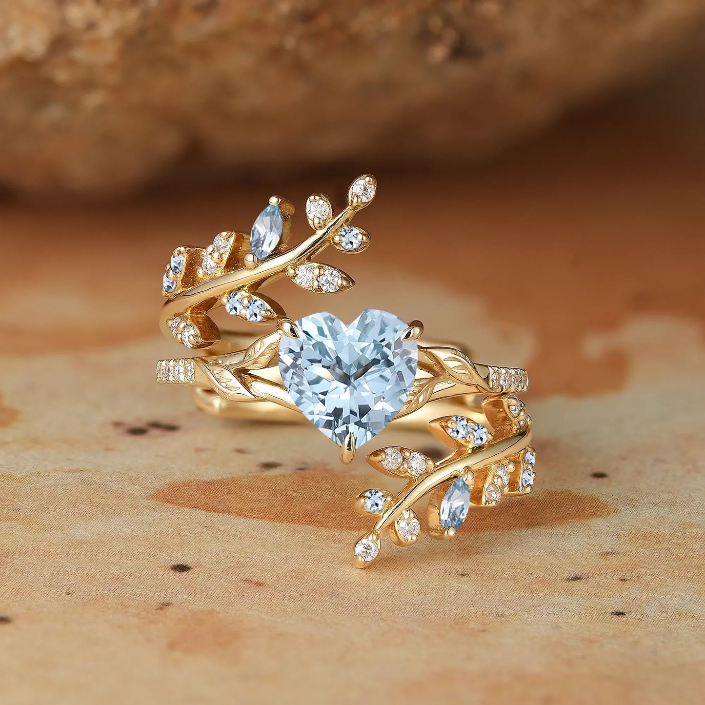 Heart Shaped Aquamarine Engagement Ring Set
