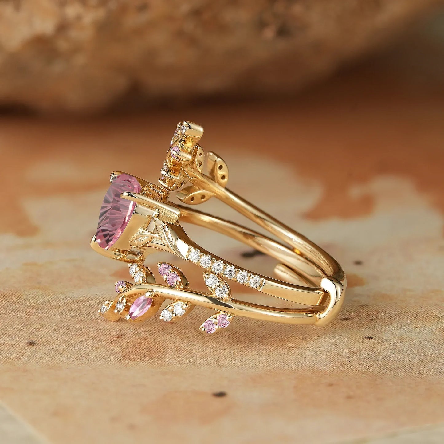 Heart Shaped Sparkle Cut Padparadscha Engagement Ring Set
