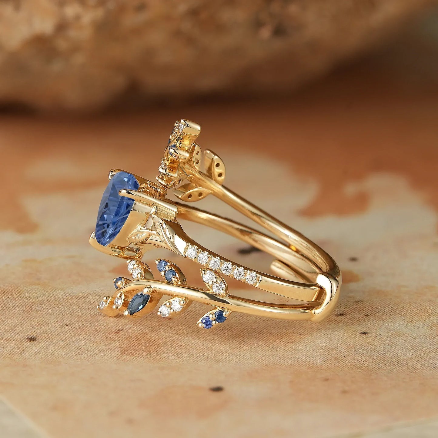 Heart Shaped Sparkle Cut Sapphire Engagement Ring Set