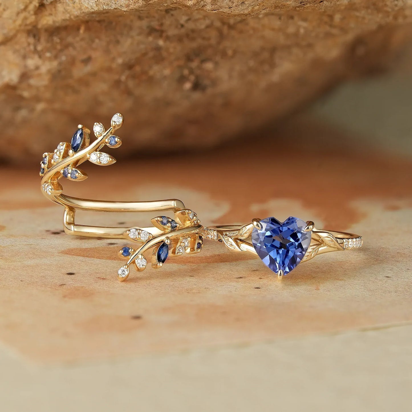 Heart Shaped Sapphire Engagement Ring Set