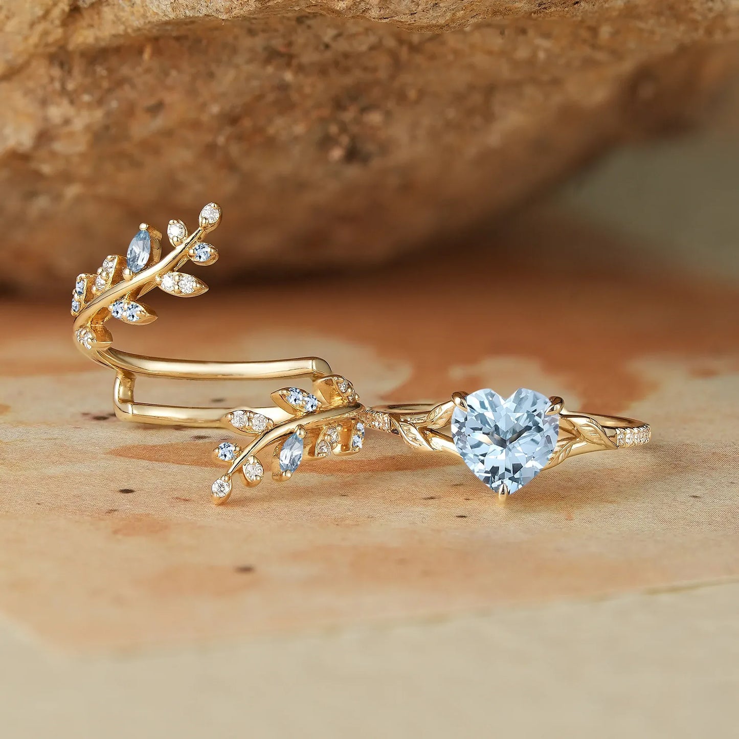 Heart Shaped Aquamarine Engagement Ring Set