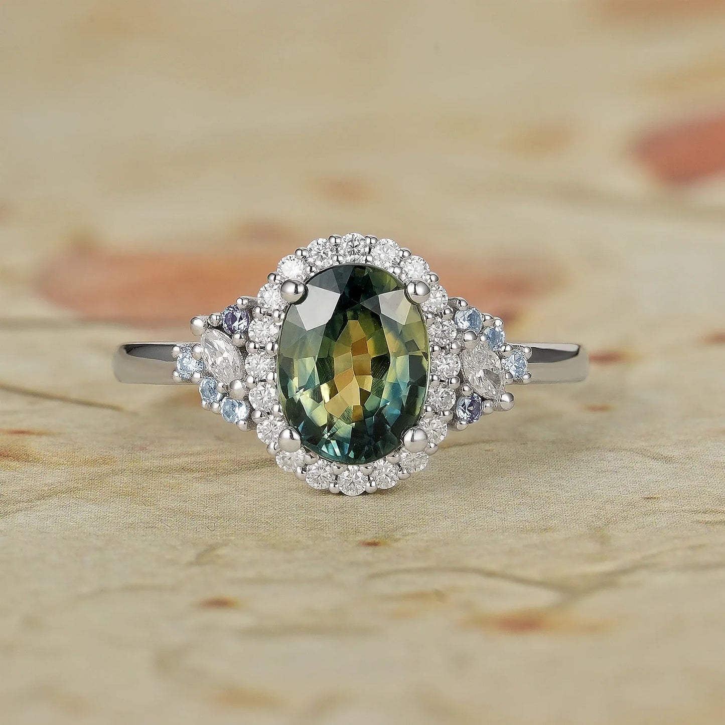 Halo Teal Sapphire Rings