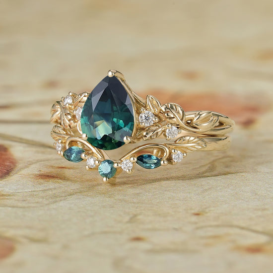 Teal Sapphire Engagement Ring Set 2pcs