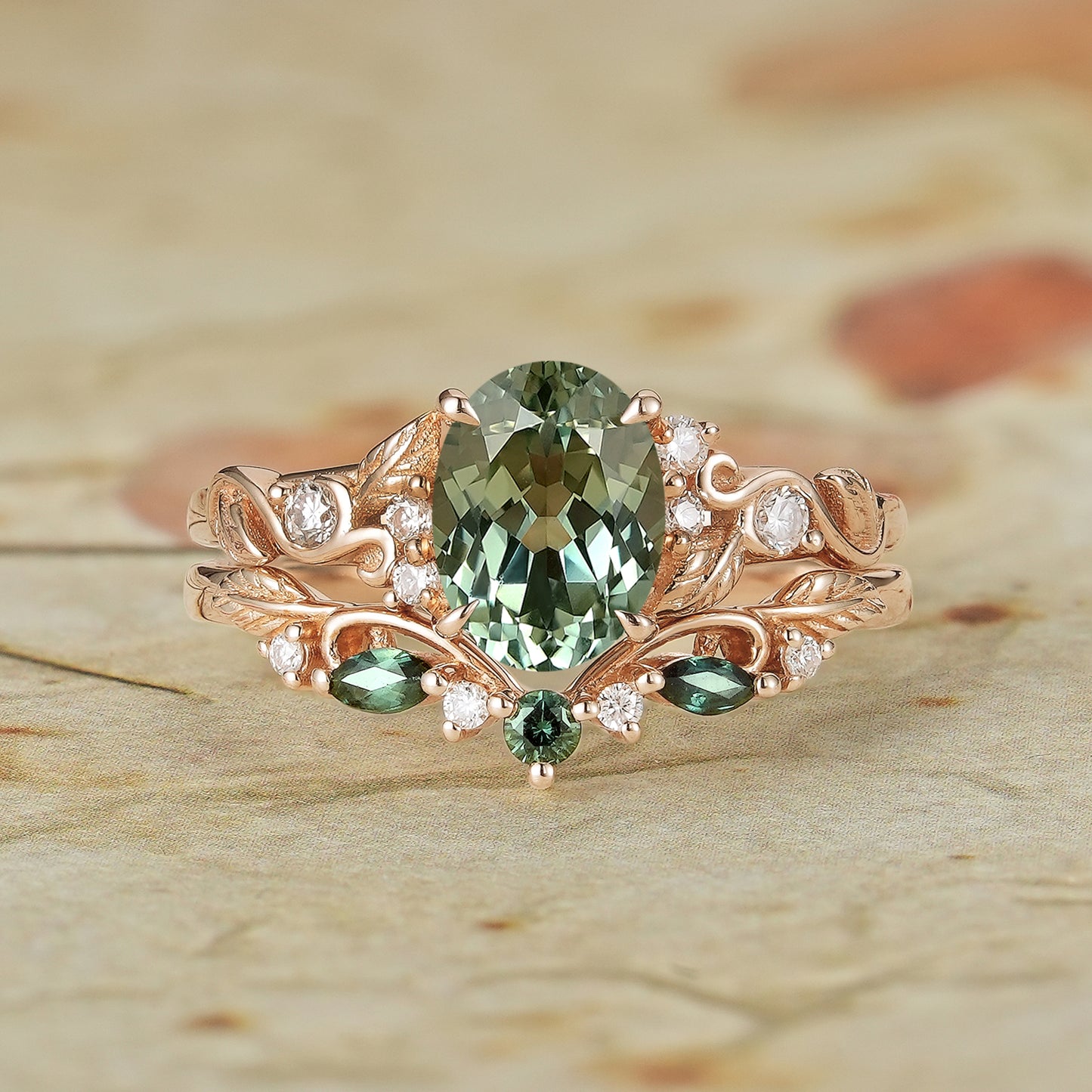 Oval Green Sapphire Engagement Ring Set 2pcs