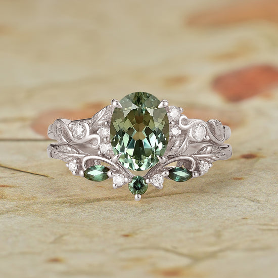 Oval Green Sapphire Engagement Ring Set 2pcs