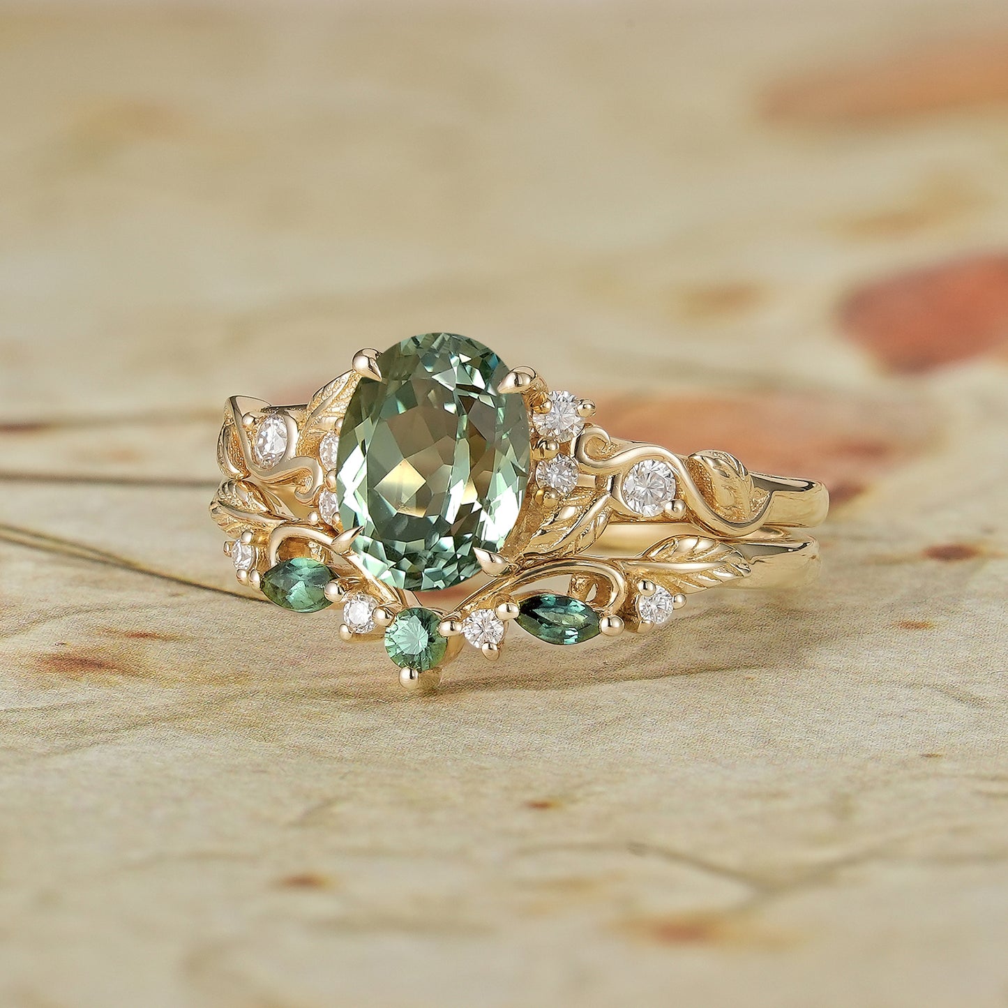 Oval Green Sapphire Engagement Ring Set 2pcs