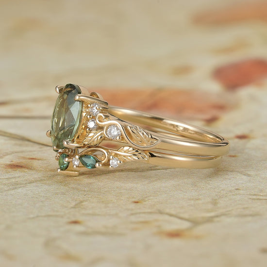 Oval Green Sapphire Engagement Ring Set 2pcs