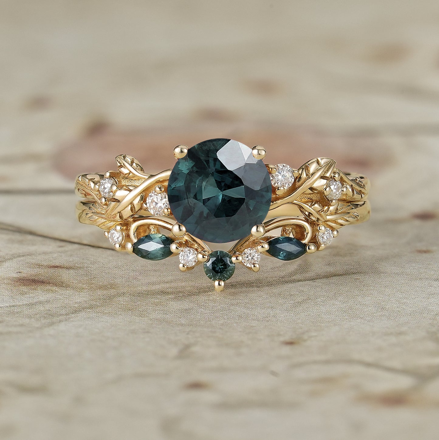 Round Cut Teal Sapphire Ring with Elegant Leaf Motif - Adelaide