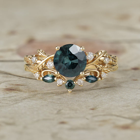 Round Cut Teal Sapphire Ring with Elegant Leaf Motif - Adelaide