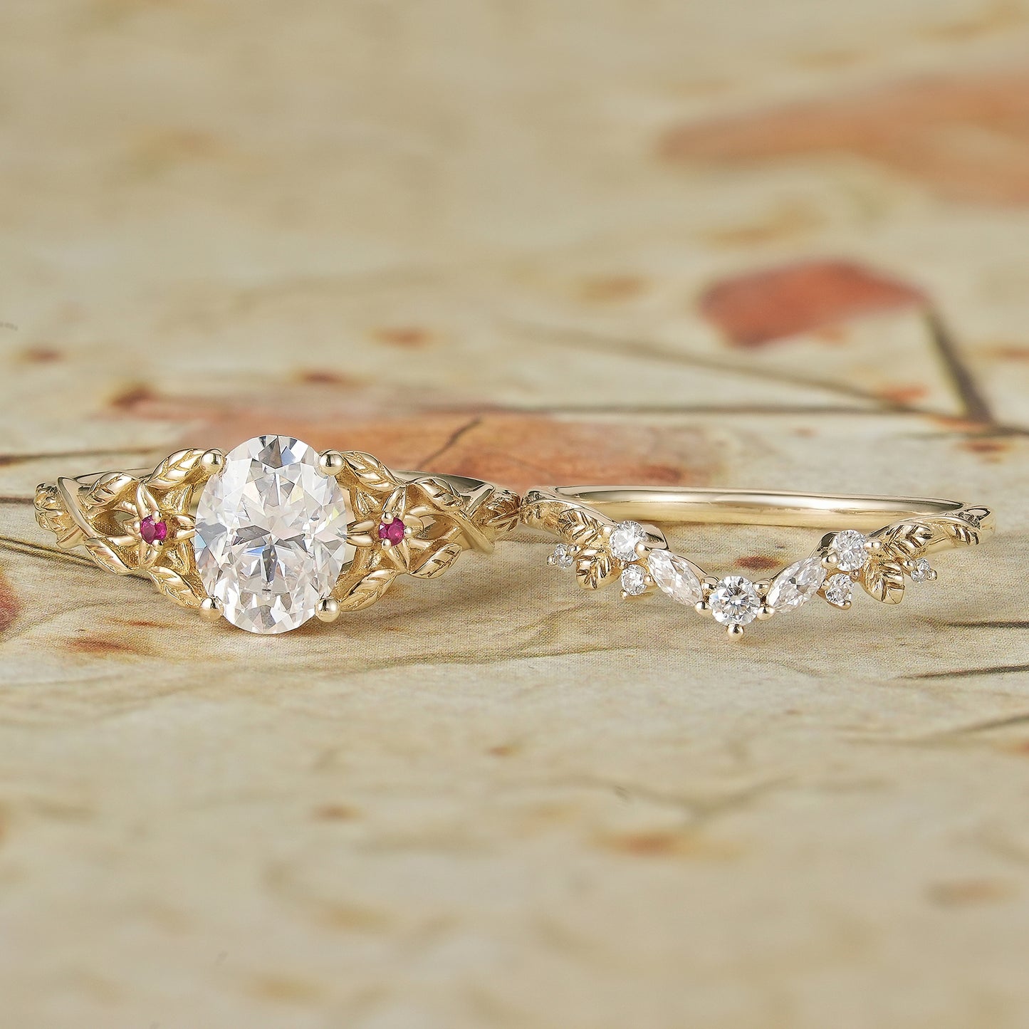 2pcs Moissanite Engagement Ring Set with Ruby