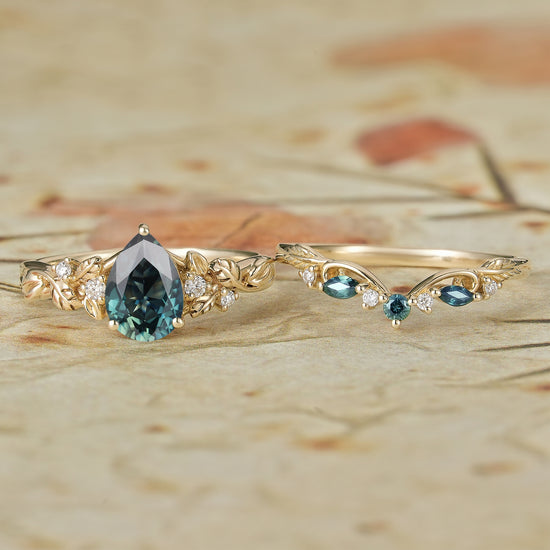 Teal Sapphire Engagement Ring Set 2pcs
