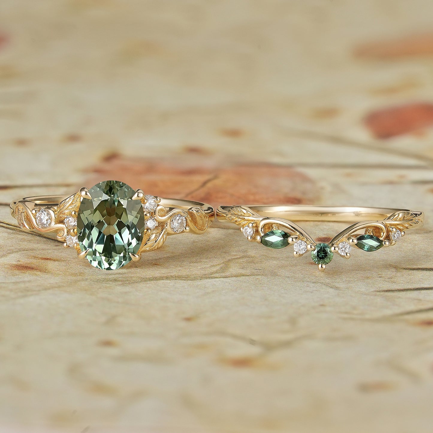 Oval Green Sapphire Engagement Ring Set 2pcs