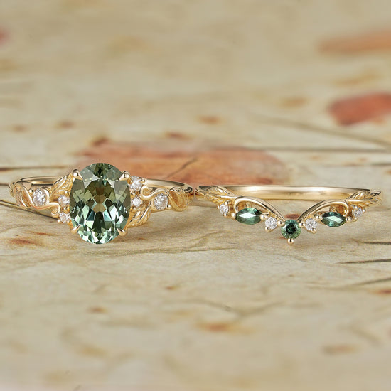 Oval Green Sapphire Engagement Ring Set 2pcs