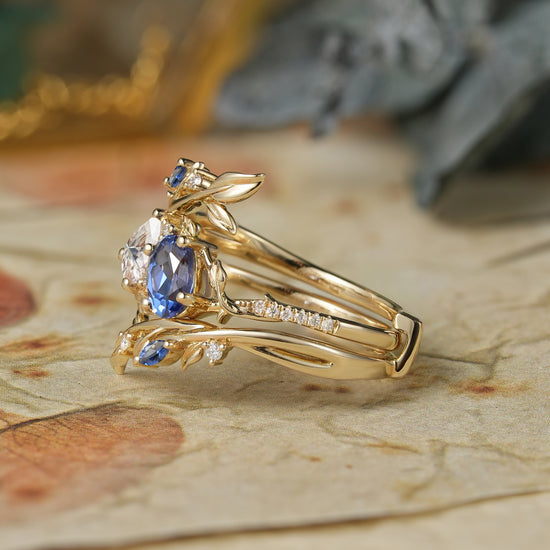 Two-stones Moissanite and Sapphire Ring Set