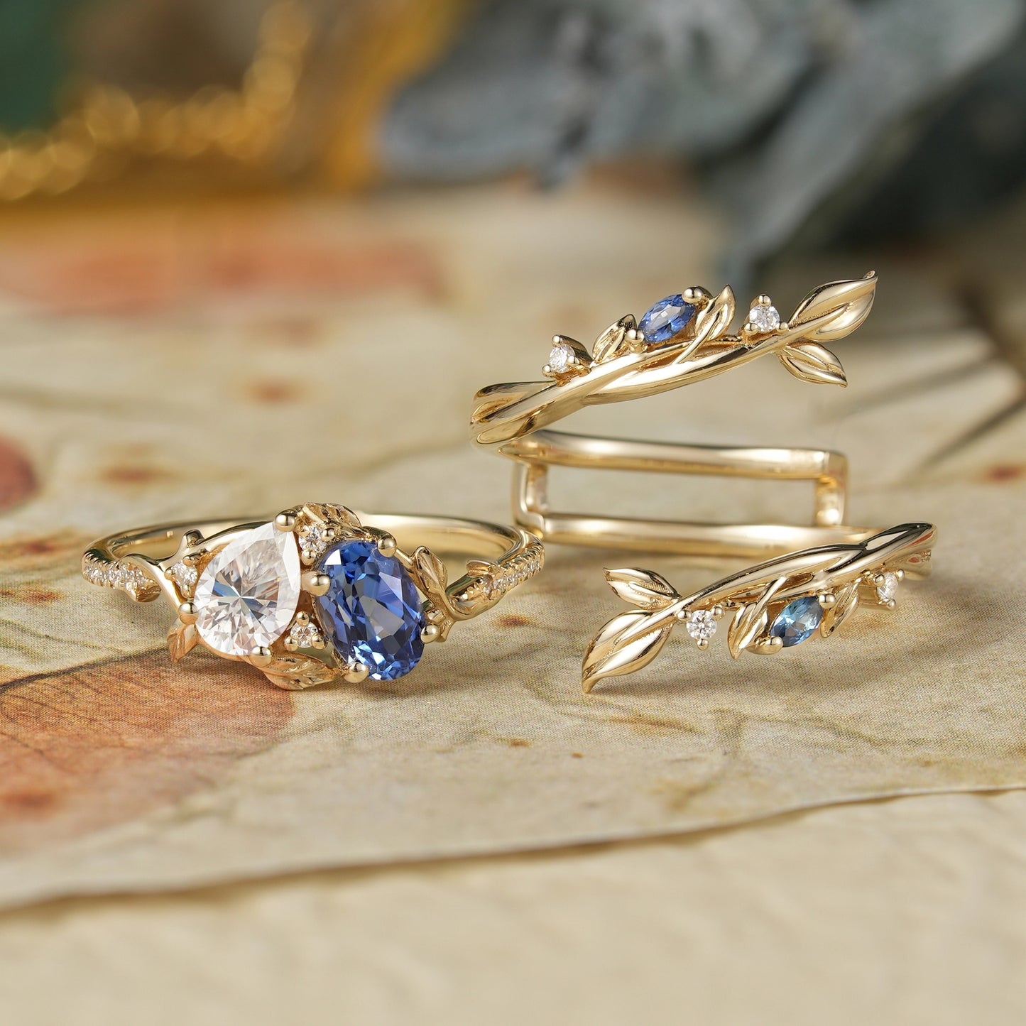 Two-stones Moissanite and Sapphire Ring Set