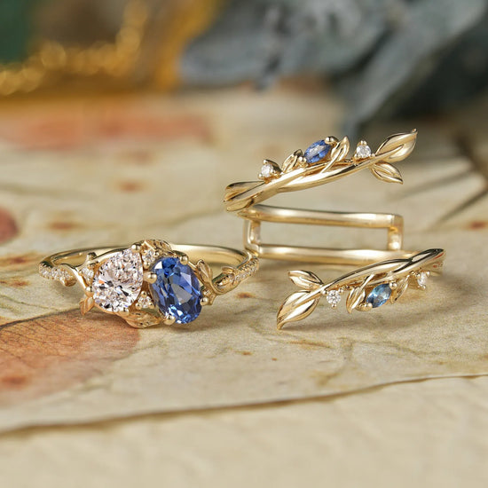 Two - Stone Lab Grown Diamond and Sapphire Olive Leaf Ring Set
