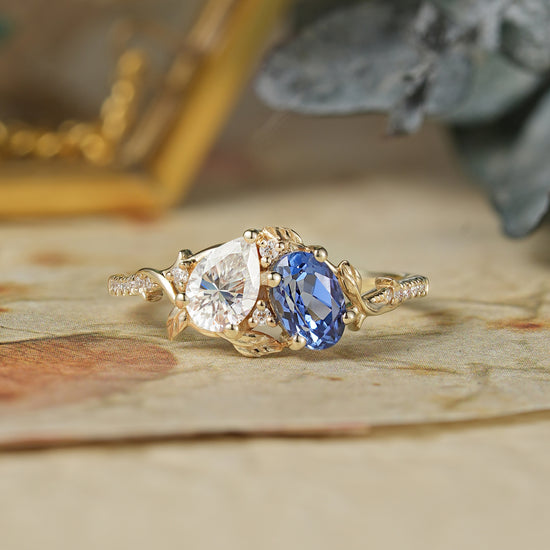 Two Stones Moissanite and Sapphire Engagement Ring