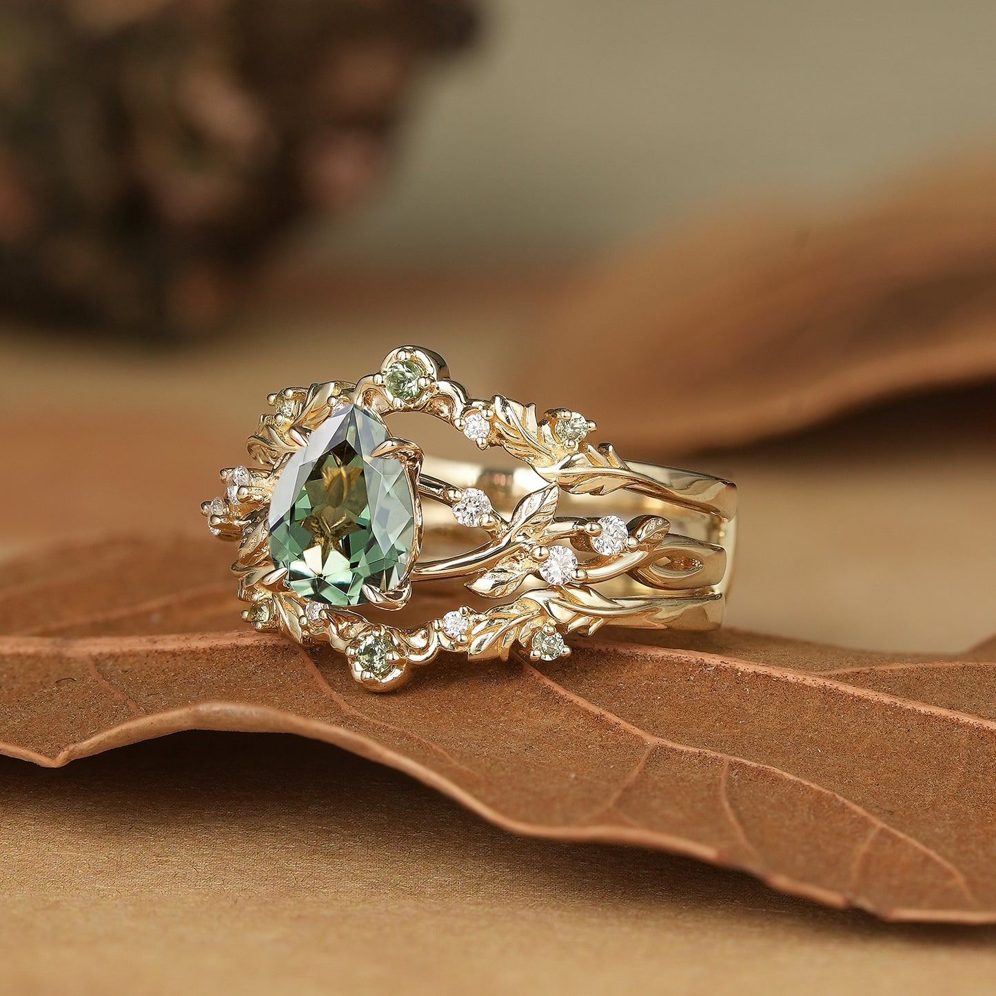 Pear Cut Green Sapphire Oak Leaf Inspired Enhancer Ring Set - Natalie