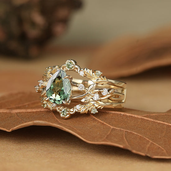 Pear Cut Green Sapphire Oak Leaf Inspired Enhancer Ring Set - Natalie