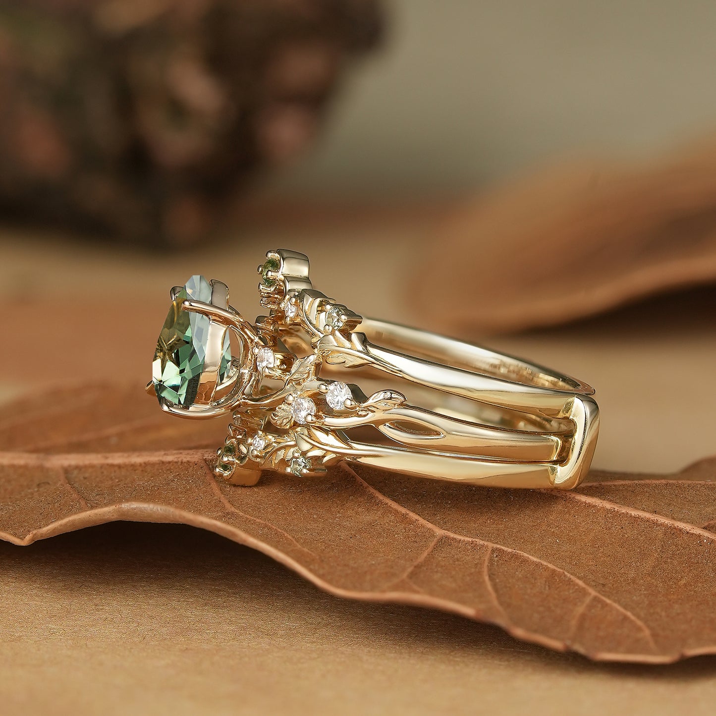 Pear Cut Green Sapphire Oak Leaf Inspired Enhancer Ring Set - Natalie