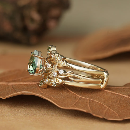 Pear Cut Green Sapphire Oak Leaf Inspired Enhancer Ring Set - Natalie
