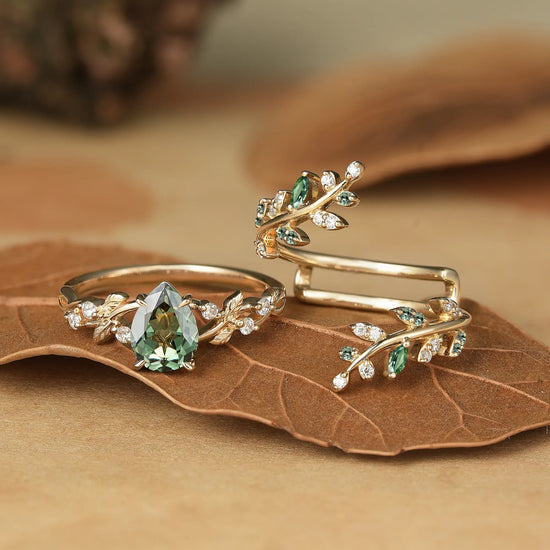 Green Sapphire Cross Leaf Ehancer Ring Set