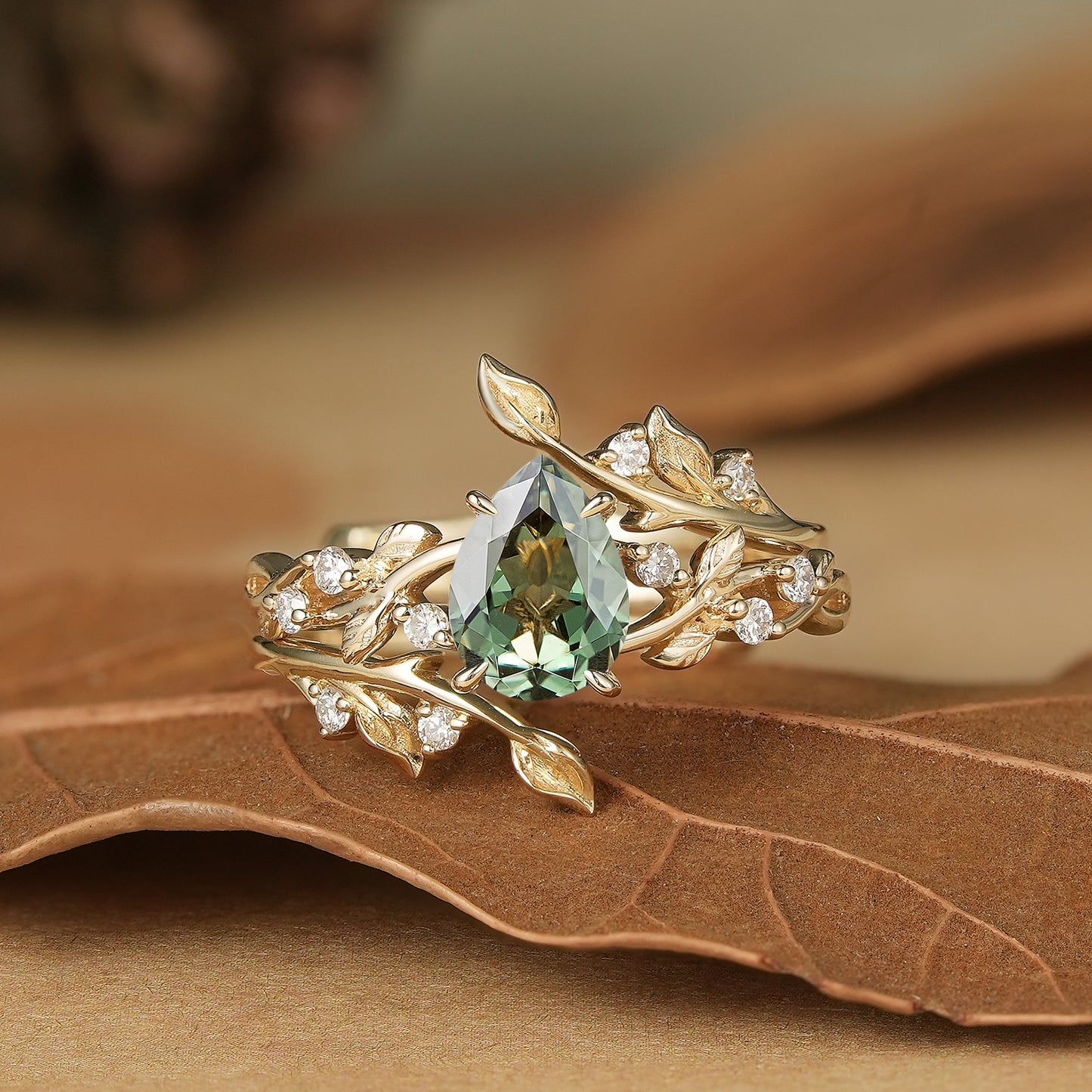 Green Sapphire Enhancer Ring Set with Moissanite