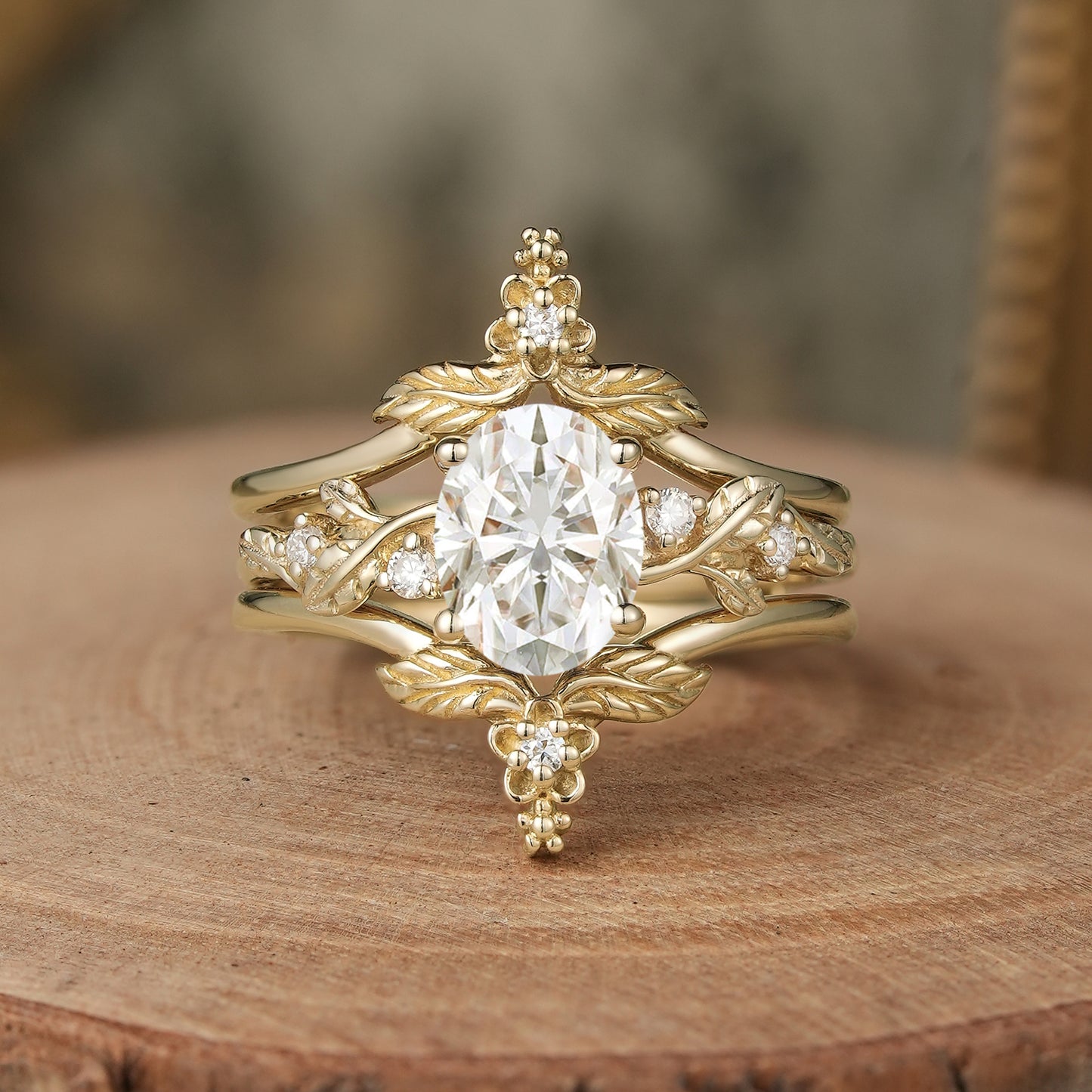 Oval Moissanite Yellow Gold Ring Set 2pcs