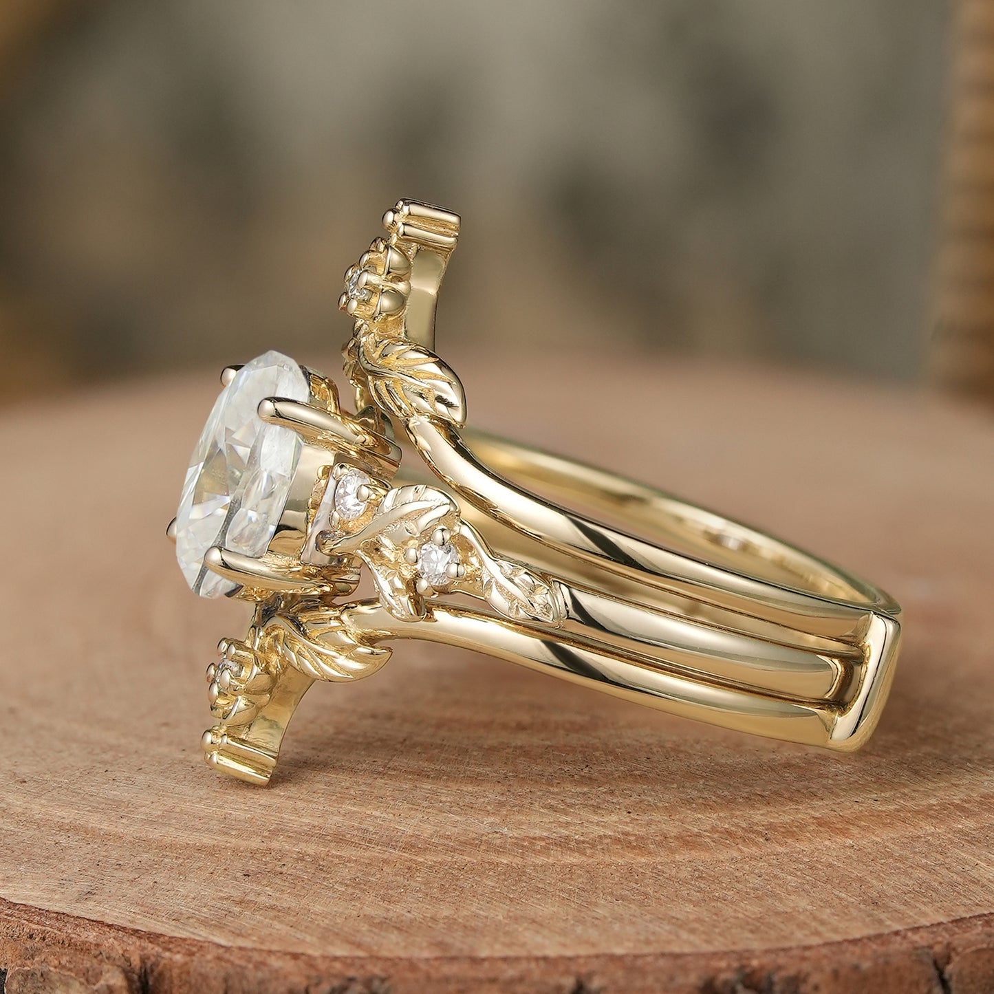 Oval Moissanite Yellow Gold Ring Set 2pcs