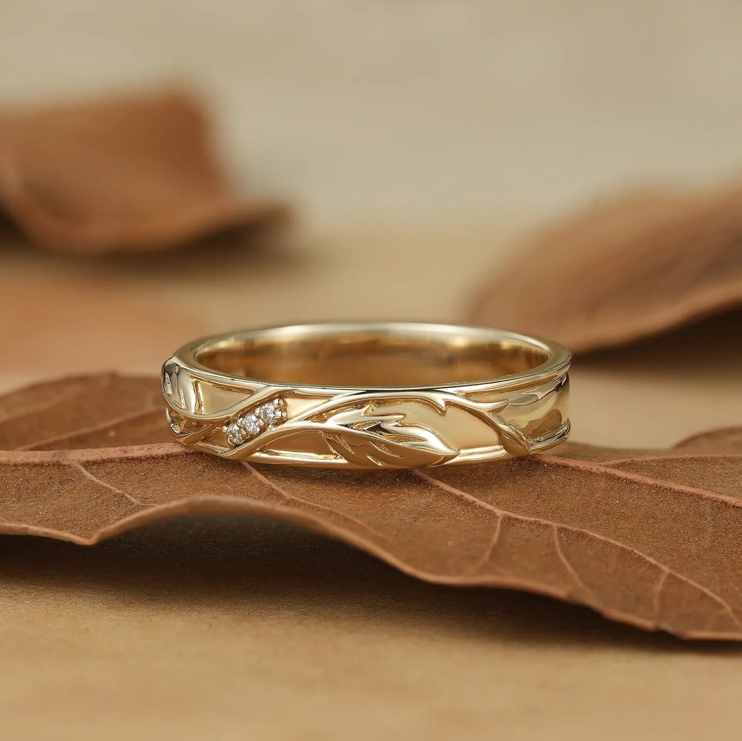 Leaf Inspired Men's Band with Moissanite