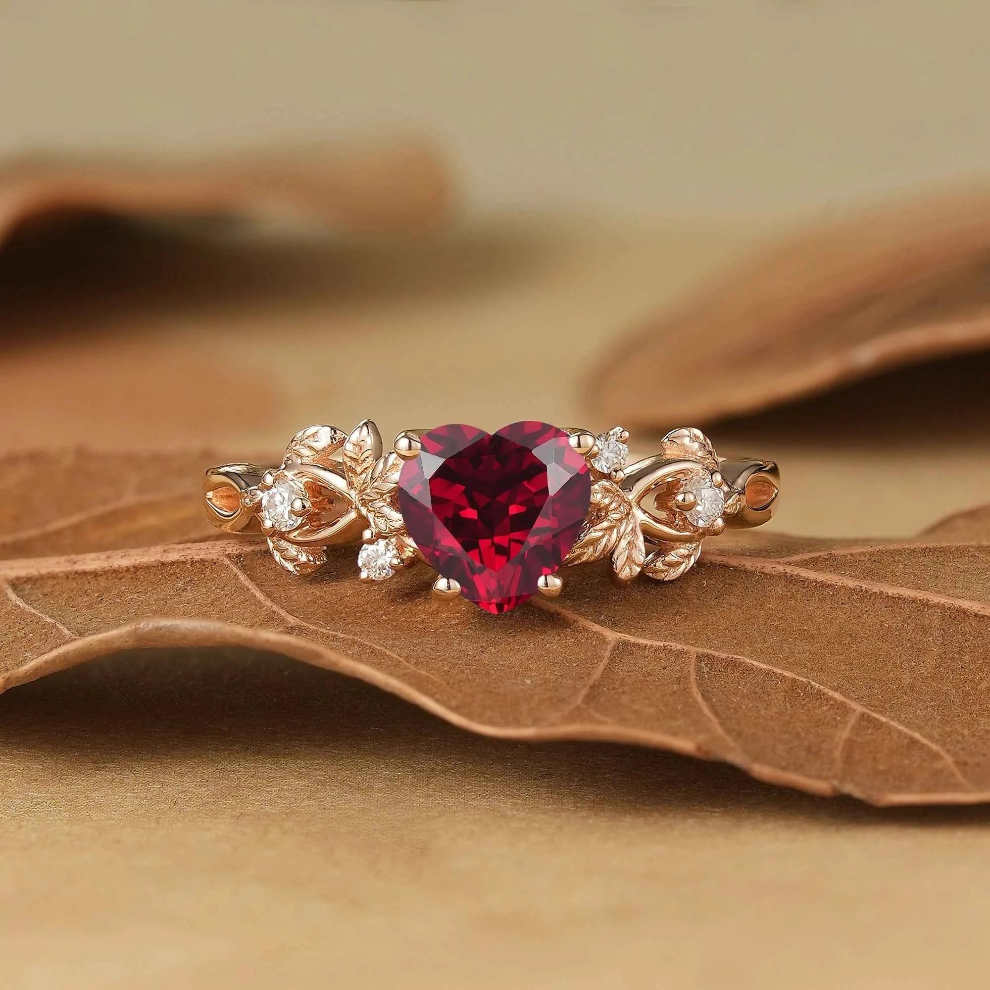 Heart Cut Ruby Leaf Inspired Engagement Ring