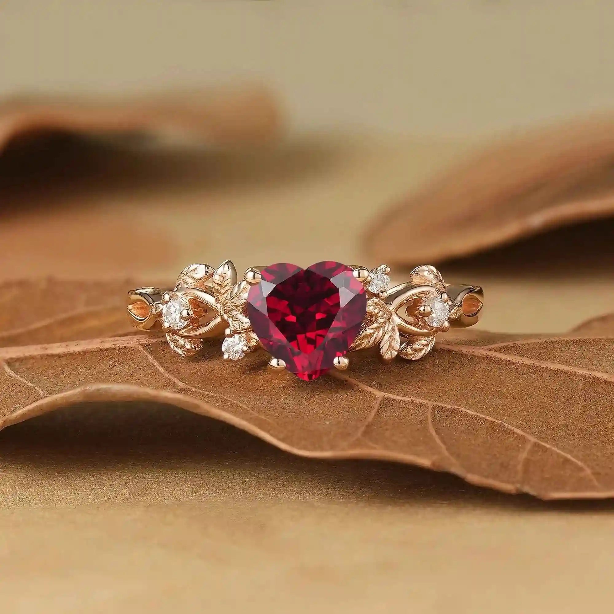Heart Cut Ruby Leaf Inspired Engagement Ring - Poppy
