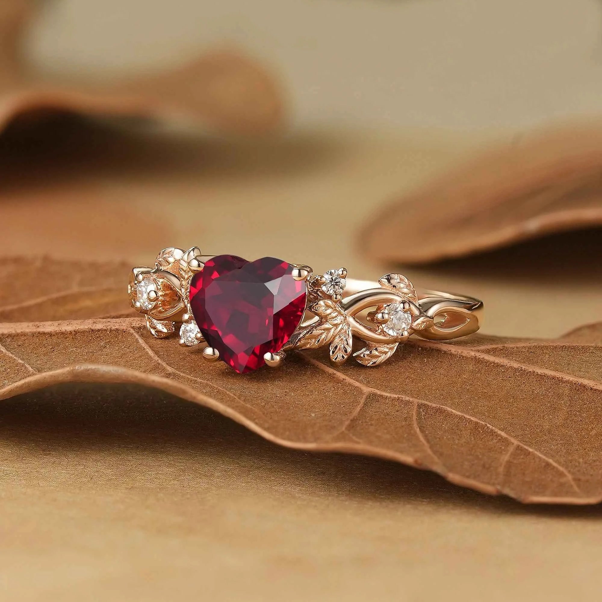Heart Cut Ruby Leaf Inspired Engagement Ring