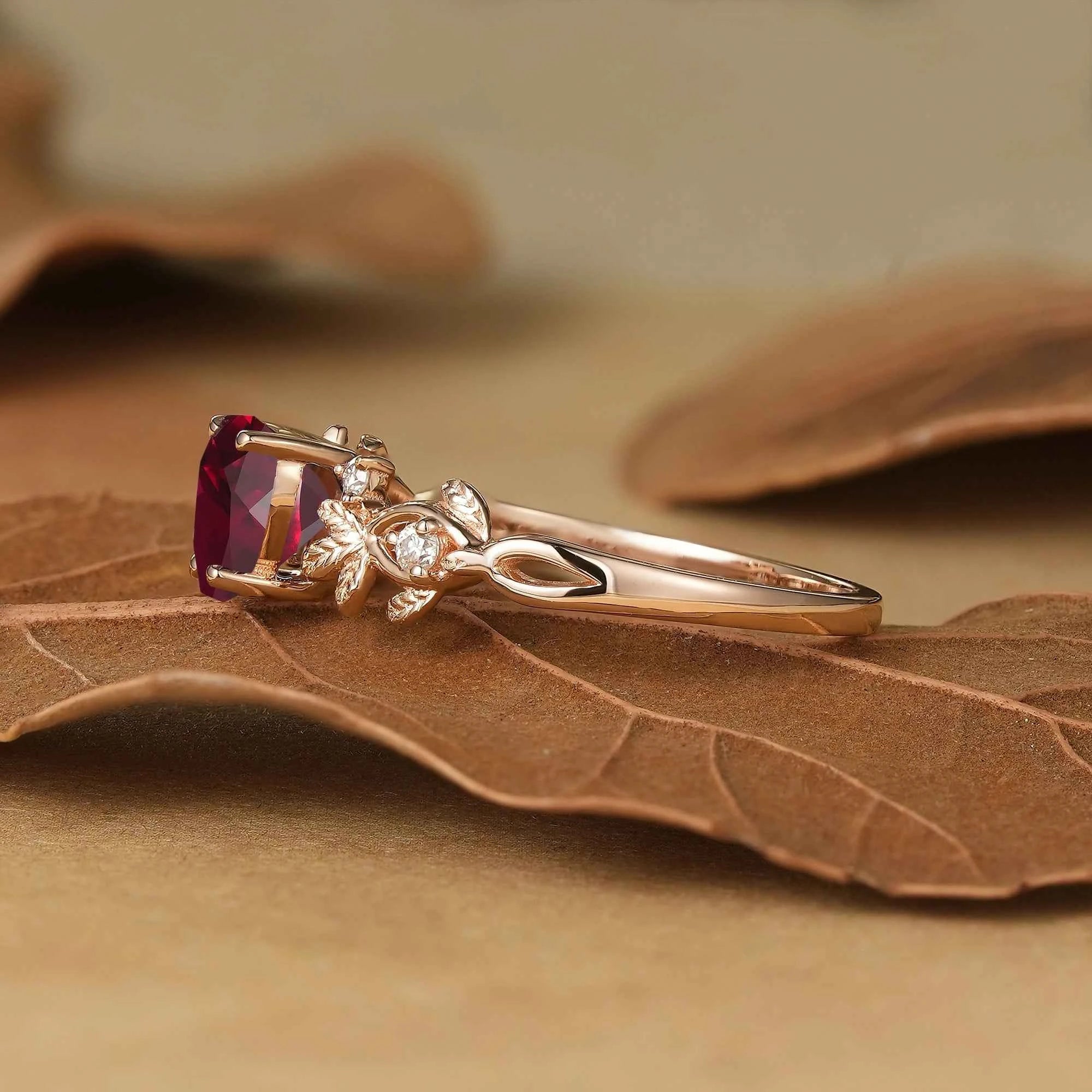 Heart Cut Ruby Leaf Inspired Engagement Ring
