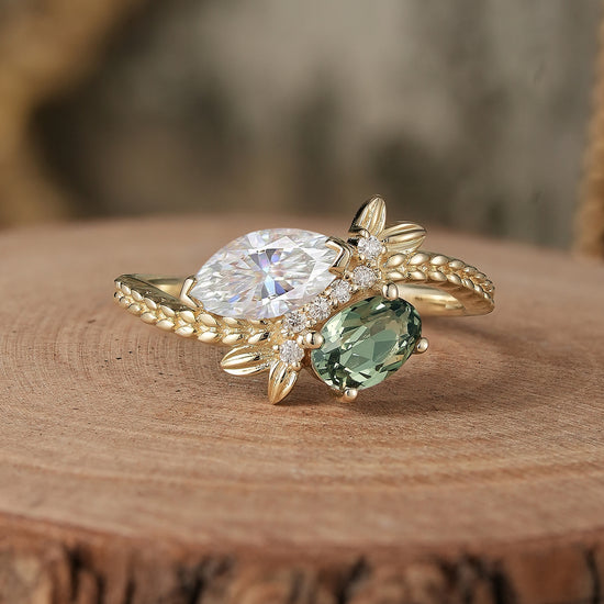 Two Stones Moissanite and Green Sapphire Engagement Ring