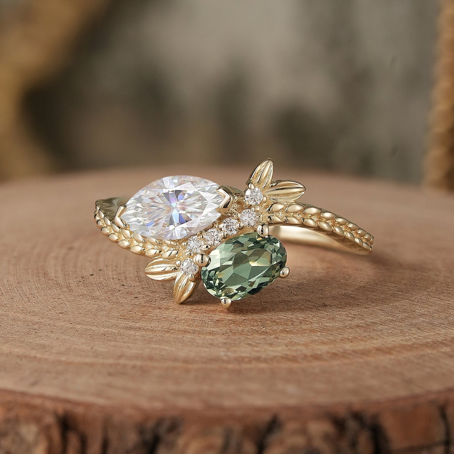 Two Stones Moissanite and Green Sapphire Engagement Ring