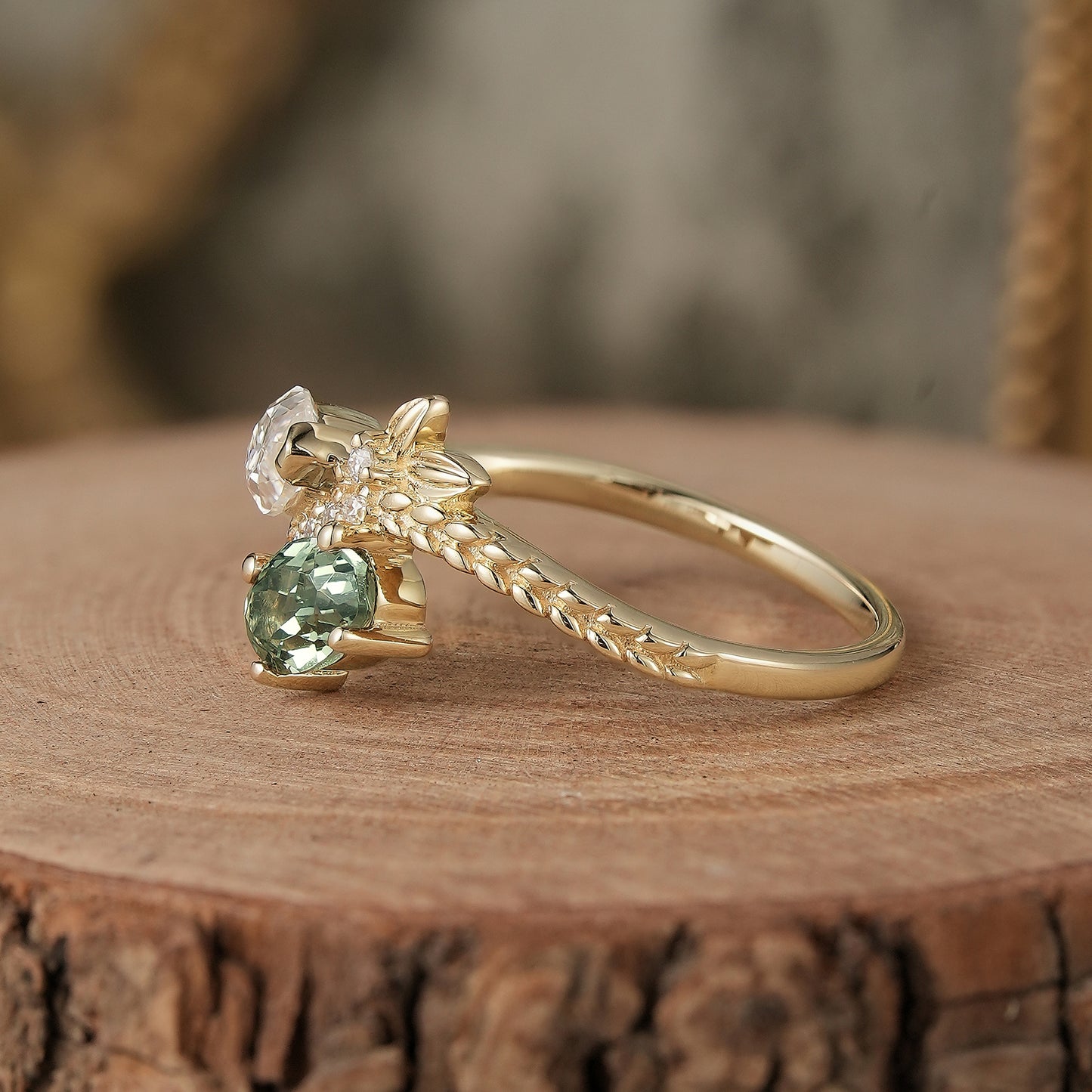 Two Stones Moissanite and Green Sapphire Engagement Ring
