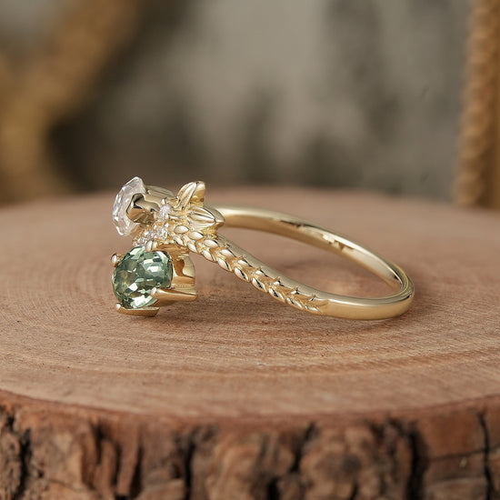 Two Stones Moissanite and Green Sapphire Engagement Ring
