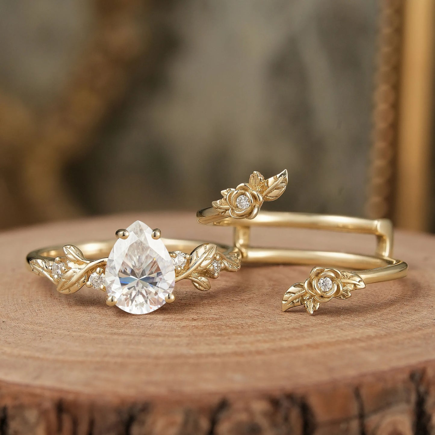 Pear-Cut Moissanite Floral Ring Set