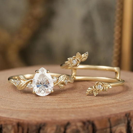 Pear-Cut Moissanite Floral Ring Set