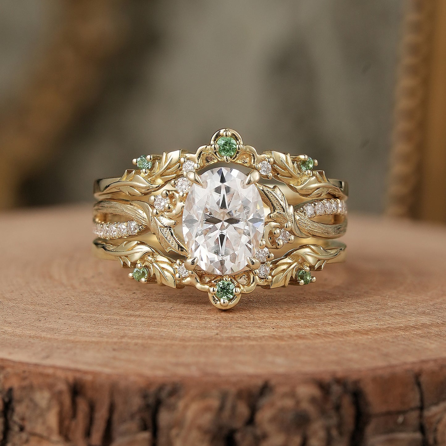 Oval Cut Moissanite with Green Sapphire Enhancer Ring Set