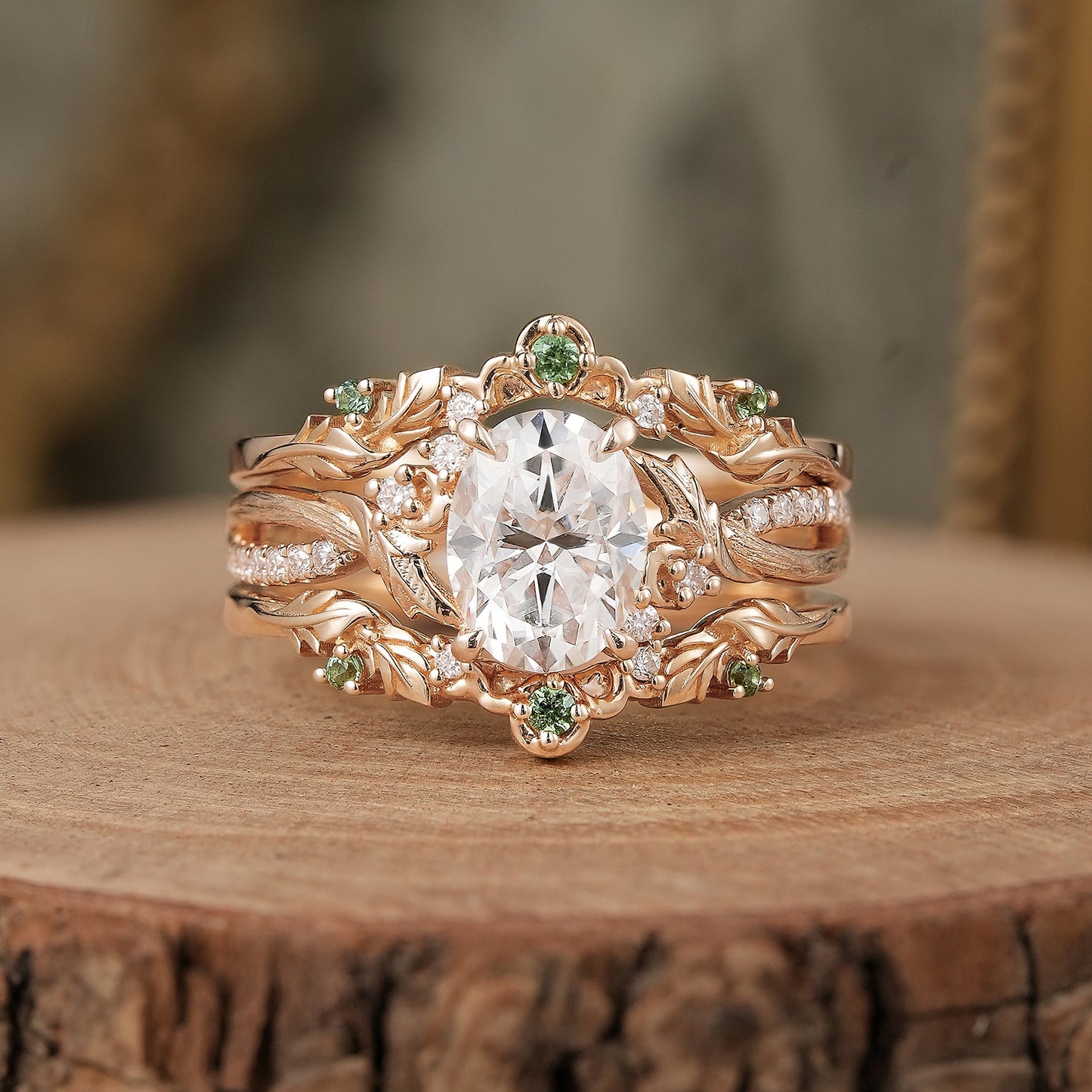 Oval Cut Moissanite with Green Sapphire Enhancer Ring Set