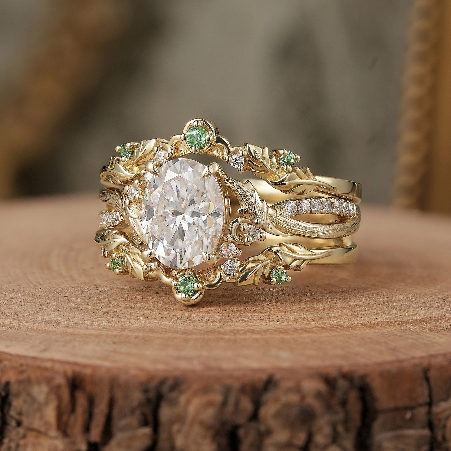 Oval Cut Moissanite with Green Sapphire Enhancer Ring Set