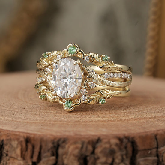 Oval Cut Moissanite with Green Sapphire Enhancer Ring Set