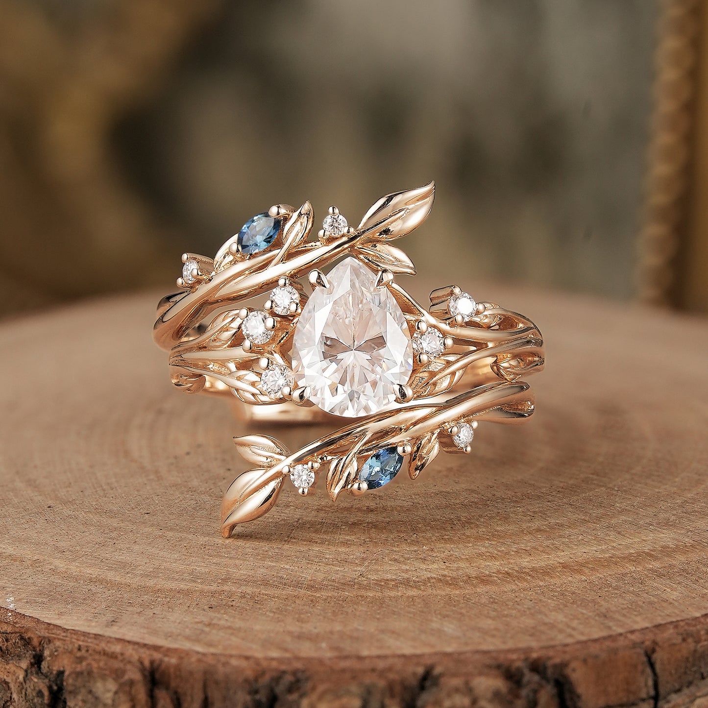 Nature Inspired- Moissanite Leaf Ring Set with Sapphire-Willow