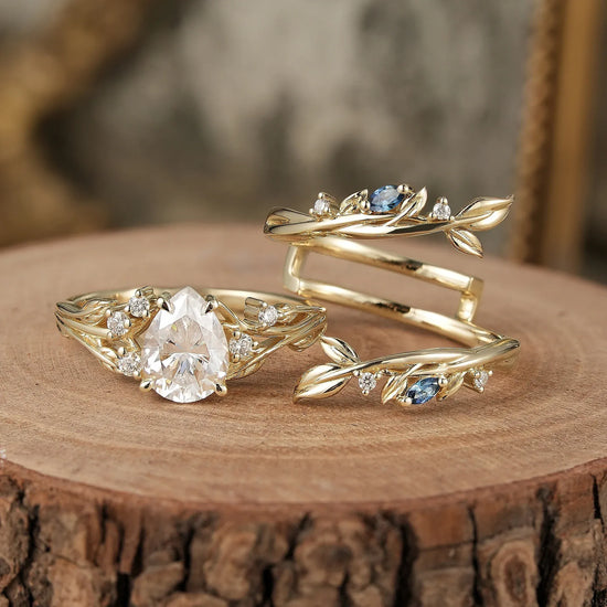 Moissanite Leaf Ring Set with Sapphire