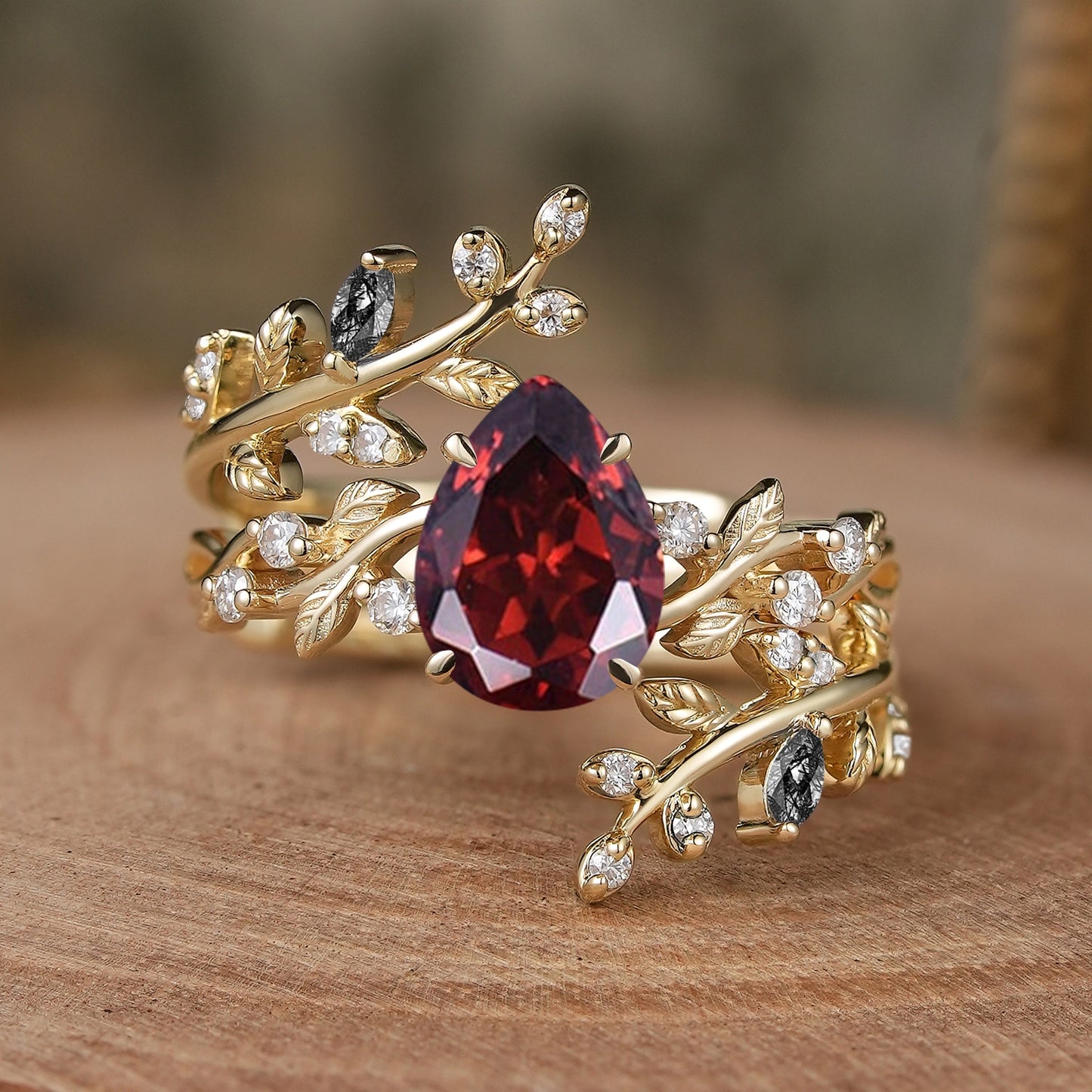 Aphrodite's Enchanted Vine| Pear Garnet Cross Nature Inspired Ehancer Ring Bridal Set - GemsMagic