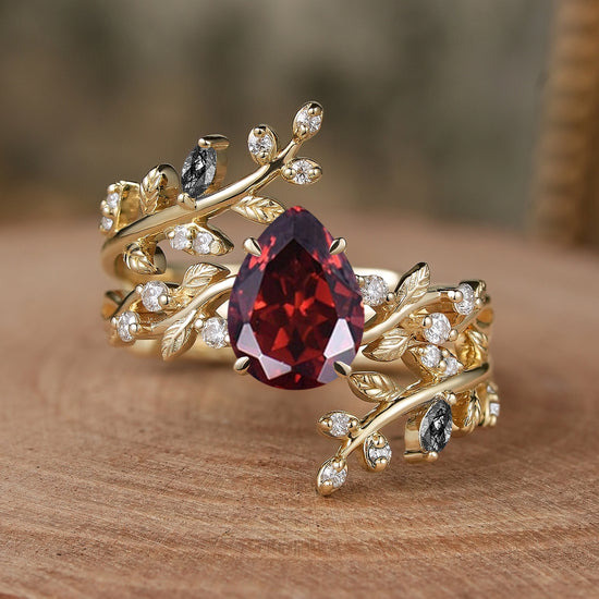 Aphrodite's Enchanted Vine| Pear Garnet Cross Nature Inspired Ehancer Ring Bridal Set - GemsMagic