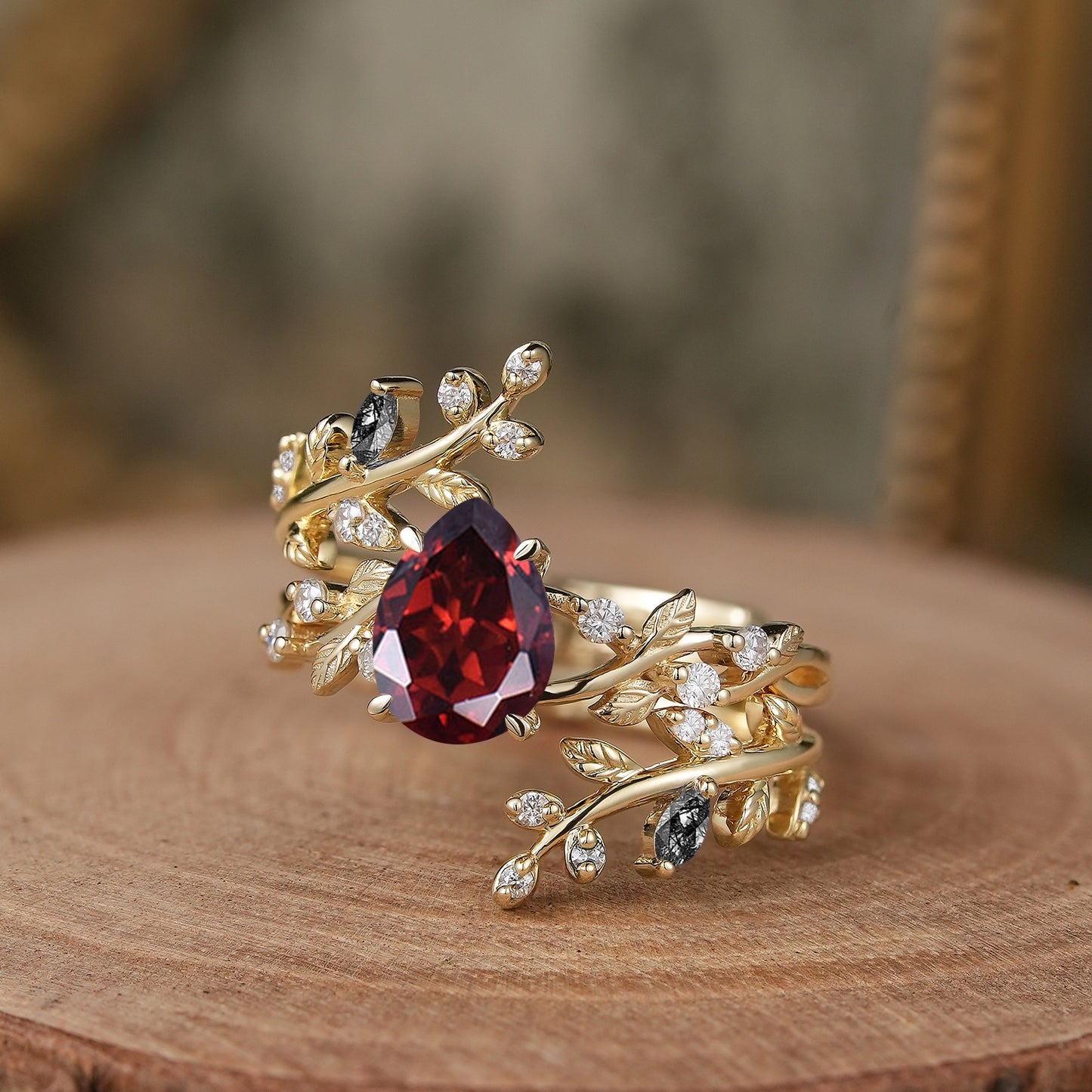 Aphrodite's Enchanted Vine| Pear Garnet Cross Nature Inspired Ehancer Ring Bridal Set - GemsMagic