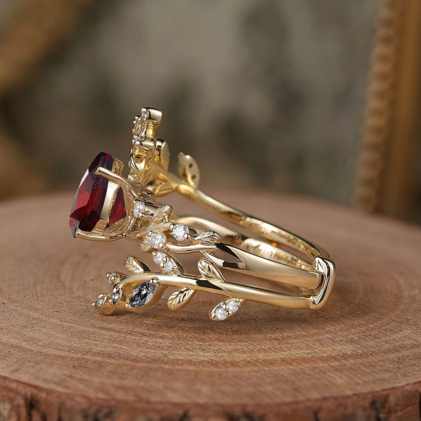 Aphrodite's Enchanted Vine| Pear Garnet Cross Nature Inspired Ehancer Ring Bridal Set - GemsMagic
